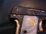 Colt 1908,25auto,Vest pocket,fully engraved by Flannery,reblued with 24K accents,made 1915,pearlite grips,a work of art,1 of a kind !! - 8 of 15