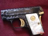 Colt 1908,25auto,Vest pocket,fully engraved by Flannery,reblued with 24K accents,made 1915,pearlite grips,a work of art,1 of a kind !! - 1 of 15