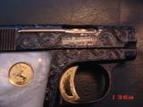 Colt 1908,25auto,Vest pocket,fully engraved by Flannery,reblued with 24K accents,made 1915,pearlite grips,a work of art,1 of a kind !! - 7 of 15