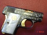 Colt 1908,25auto,Vest pocket,fully engraved by Flannery,reblued with 24K accents,made 1915,pearlite grips,a work of art,1 of a kind !! - 2 of 15