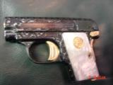Colt 1908,25auto,Vest pocket,fully engraved by Flannery,reblued with 24K accents,made 1915,pearlite grips,a work of art,1 of a kind !! - 5 of 15
