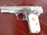 Colt 1908,380 hammerless,master engraved & refinished nickel by S.Leis,made 1929,faux ivory grips,certificate,awesome 1 of a kind !! - 2 of 15