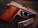 Walther/Interarms PPK 380,fully engraved & polished by Flannery Engraving,custom Rosewood grips,2 mags,box & manual-1 of a kind showpiece-awesome !! - 4 of 15