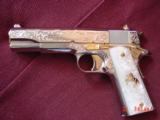 Colt Government 38 Super,master engraved by S.Leis,refinished nickel with 24K gold accents,Pearlite grips,2 grips,1 is gold plated,in case,awesome !! - 2 of 15