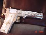Colt Government 38 Super,master engraved by S.Leis,refinished nickel with 24K gold accents,Pearlite grips,2 grips,1 is gold plated,in case,awesome !! - 15 of 15