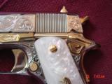 Colt Government 38 Super,master engraved by S.Leis,refinished nickel with 24K gold accents,Pearlite grips,2 grips,1 is gold plated,in case,awesome !! - 3 of 15