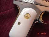 Colt 1903,32 Cal,hammerless,fully refinished in bright mirror nickel with 24K gold accents,& bonded ivory grips,made in 1919- awesome showpiece !! - 2 of 15