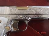 Colt Government 38 super,5" master engraved by S.Leis,& refinished bright nickel & 24K Gold accents,Pearlite grips,awesome work of art,box & manu - 3 of 15