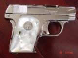 Colt 1908,25auto,Vest Pocket,just refinished in bright nickel,REAL MOP grips,made circa 1917,period correct box,awesome showpiece !! - 4 of 15