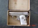 Colt 1908,25auto,Vest Pocket,just refinished in bright nickel,REAL MOP grips,made circa 1917,period correct box,awesome showpiece !! - 10 of 15