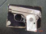Colt 1908,25auto,Vest Pocket,just refinished in bright nickel,REAL MOP grips,made circa 1917,period correct box,awesome showpiece !! - 7 of 15