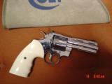 Colt Python,4",357,refinished nickel,custom exotic wood grips & bonded ivory,1971,with Colt suede case,awesome showpiece,super beautiful !! - 3 of 15