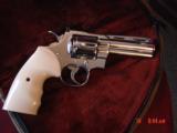 Colt Python,4",357,refinished nickel,custom exotic wood grips & bonded ivory,1971,with Colt suede case,awesome showpiece,super beautiful !! - 9 of 15