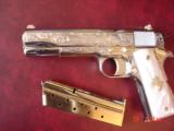 Colt 1911,38 super,Master engraved by Santiago Leis,refinished in bright nickel with 24k gold accents,Pearlite grips,certificate & 1 of a kind !! - 1 of 15