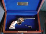 Colt SAA styled 45LC from Uberti, Roy Rogers Commemorative,1990, 24K gold plated cylinder & frame, engraved, real stag grips, fitted wood case - 1 of 15