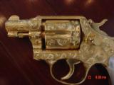 Smith & Wesson Pre Model 10,, 24K gold plated, fully engraved by Flannery,REAL MOP grips, 2" barrel,38SP,1 of a kind masterpiece, - 7 of 15