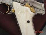Colt Woodsman 1950 ?,fully deep master engraved & nickel plated,by Bob Valade,real ivory grips,6" 22lr,gold accents,a work of art-nicer in person - 5 of 15