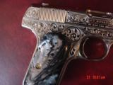 Colt 1903,32cal,hammerless,master engraved & refinished bright nickel by S.Leis,black Pearlite & bonded ivory grips, 1918,awesome work of art !! - 7 of 15