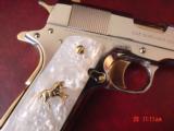 Colt Government 1911,38 super,fully refinished in bright nickel with 24K gold accents,2 mags,box,never fired,awesome showpiece !! - 5 of 14