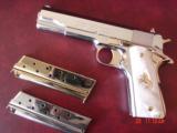 Colt Government 1911,38 super,fully refinished in bright nickel with 24K gold accents,2 mags,box,never fired,awesome showpiece !! - 1 of 14
