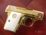 Colt Vest
Pocket 1908 25 cal, hammerless, just refinished in bright 24K gold plating,bonded ivory grips,made in 1918,a true showpiece - 1 of 15