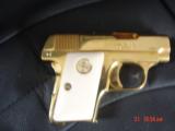 Colt Vest
Pocket 1908 25 cal, hammerless, just refinished in bright 24K gold plating,bonded ivory grips,made in 1918,a true showpiece - 13 of 15