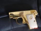 Colt Vest
Pocket 1908 25 cal, hammerless, just refinished in bright 24K gold plating,bonded ivory grips,made in 1918,a true showpiece - 14 of 15