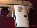 Colt 1908 Vest Pocket 25ACP, just refinished in bright mirror nickel,bonded ivory grips,made 1923, hammerless, awesome showpiece !! - 3 of 15