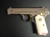 Colt 1903,32 acp, fully refinished in bright mirror nickel with 24K gold accents,& 1 gold mag,bonded ivory grips, made 1920, awesome showpiece !! - 14 of 15