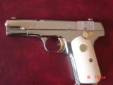Colt 1903,32 acp, fully refinished in bright mirror nickel with 24K gold accents,& 1 gold mag,bonded ivory grips, made 1920, awesome showpiece !! - 1 of 15
