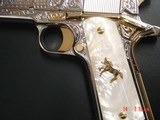 Colt 1911 45acp,fully refinished in nickel with 24k gold accents, master engraved by S.leis,certificate,Pearlite grips,box,unfired,a work of art - 11 of 15