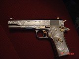 Colt 1911 45acp,fully refinished in nickel with 24k gold accents, master engraved by S.leis,certificate,Pearlite grips,box,unfired,a work of art - 3 of 15
