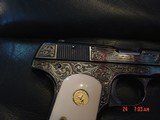 Colt 1903,32Cal,Hammerless,circa 1921,fully refinished bright blue & master engraved by S.Leis,certificate,bonded ivory grips,& way nicer in person.!! - 3 of 15