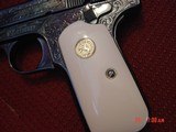 Colt 1903,32Cal,Hammerless,circa 1921,fully refinished bright blue & master engraved by S.Leis,certificate,bonded ivory grips,& way nicer in person.!! - 5 of 15