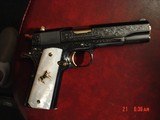 Colt Govt.1911,45acp,fully refinished & master engraved by S.Leis,bright blue & 24K gold,never fired,Pearlite grips,1 of a kind work of art !! - 1 of 15