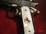Colt Govt.1911,45acp,fully refinished & master engraved by S.Leis,bright blue & 24K gold,never fired,Pearlite grips,1 of a kind work of art !! - 5 of 15