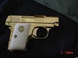 1908 Vest Pocket 25 caliber,just fully refinished in bright 24K gold,bonded ivory grips,awesome looking !! - 2 of 15