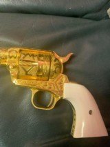 Colt SAA Flannery master engraved -100%
Rare Cattle Brand styling, 24k plated, Ivory grips, 1969, 7 1/2"357 Mag, - 2 of 7