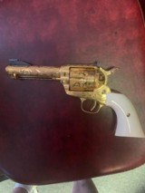 Colt SAA 1938,1st Gen ? 357 Mag, 4 3/4",Flannery engraved in rare Cattle Brand style,24k plated,ivory grips,King Custom sights - 2 of 10