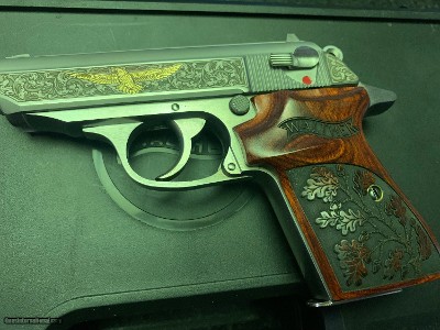 Walther PPK/S Gold Eagle, engraved, 1 of 400, Rosewood engraved grips, never fired, 380acp,case & papers