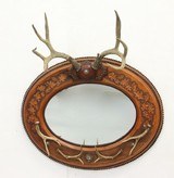 Unique Leather Covered Mirror with Antlers - 1 of 3