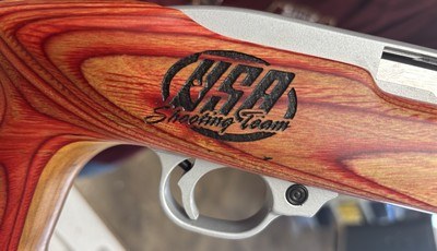 RUGER 10/22 US Shooting Team Stainless with Red, Blue Laminate Thumbhole Stock - Image 4 of 5