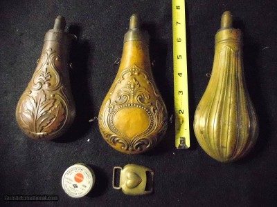 3 Powder flasks, 63 +/- Civil War Bullets, 3 Powder flasks, 63 +/- Civil War Bullets, Heart Brass Harness Buckle