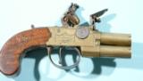 RARE DURS EGG SMALL SIZE FLINTLOCK BRASS TAP ACTION O/U POCKET PISTOL CA. 1770-80’s.- 1 of 7