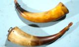 LOT OF TWO FINE EARLY 19TH CENTURY PENNSYLVANIA RIFLE BAG POWDER HORNS.- 1 of 4