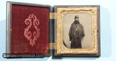 CIVIL WAR 1/6TH PLATE AMBROTYPE OF IDENTIFIED OHIO UNION SOLDIER WITH INSCRIBED UNION GUTTA PERCHA CASE CA. 1861.