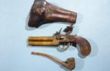 LIEGE FLINTLOCK OVER/UNDER TAP ACTION BRASS BELT PISTOL CIRCA EARLY 1800’S WITH ORIG. HOLSTER & CLAY OLD PIPE. - 1 of 7