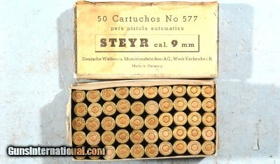 VINTAGE BOX (50 COUNT) DWM 9MM STEYR FMJ CODE 577-KK CARTRIDGES.