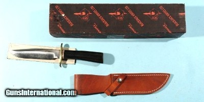 BLACKJACK CLASSIC BLADES MODEL NO. 5 BLACK MICARTA 5 ¾” USA MADE FIGHTING KNIFE W/LEATHER SHEATH IN ORIG. BOX CA. 1990’S.