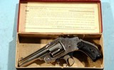 NEAR MINT IN ORIG. BOX ANTIQUE 2ND MODEL SMITH & WESSON NEW DEPARTURE SAFETY HAMMERLESS "LEMON-SQUEEZER" NICKEL .38S&W REVOLVER. - 1 of 10